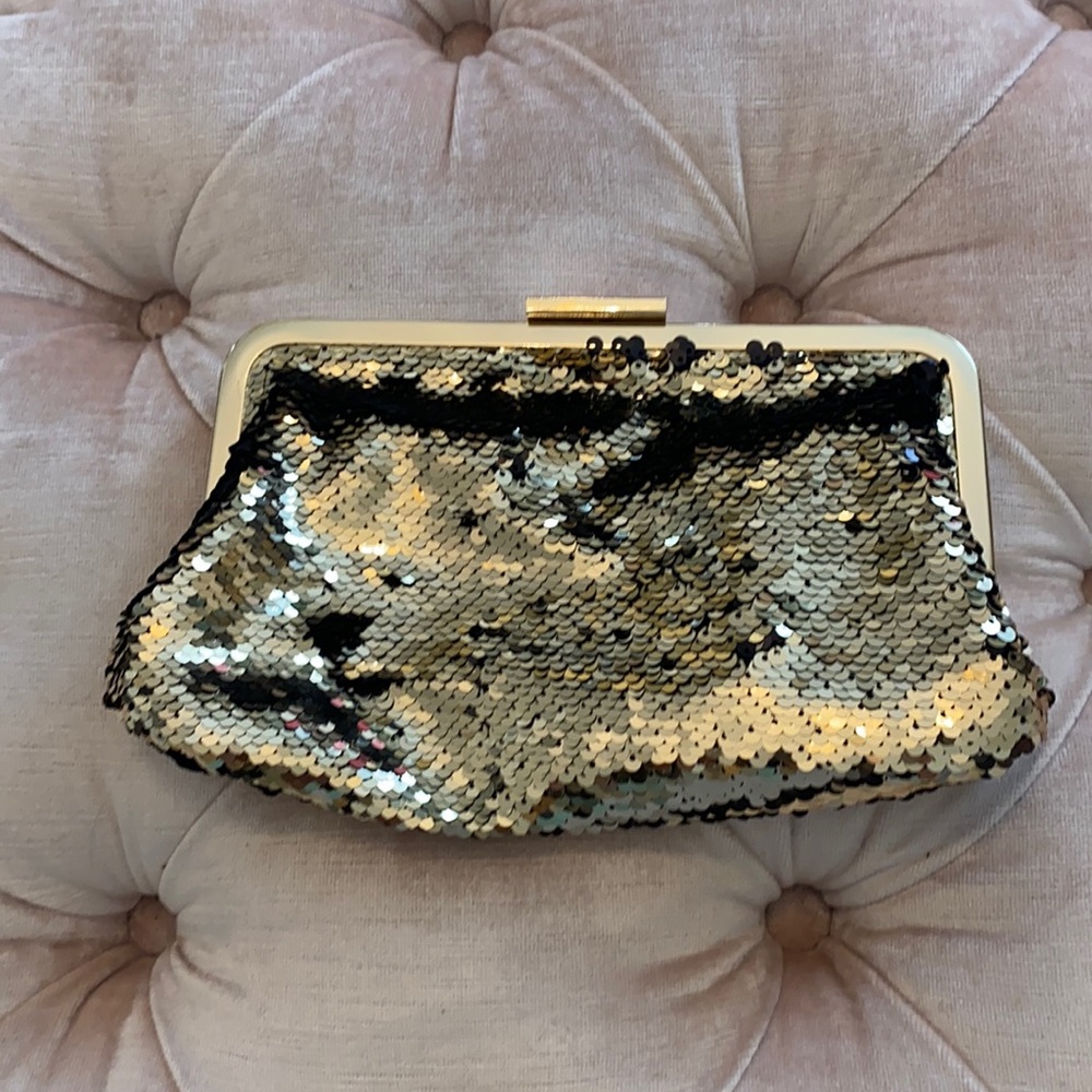Gold and black sequin clutch